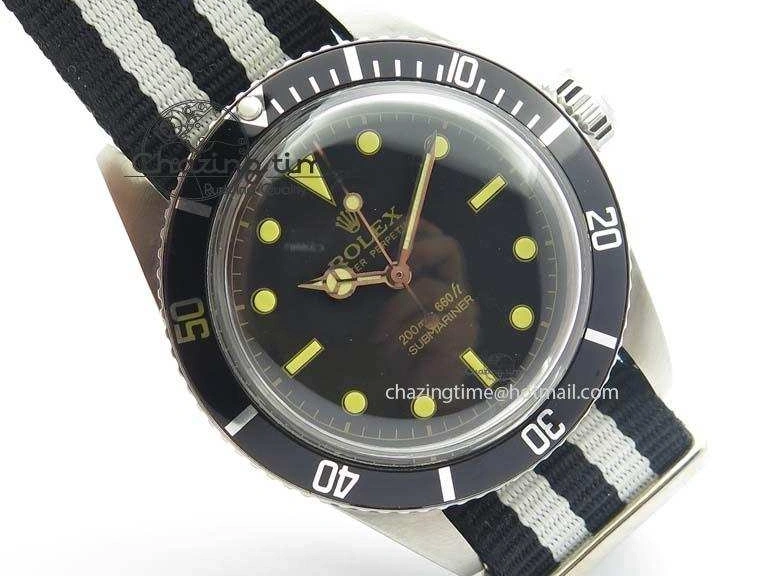 200m 660ft A2836 Nylon On Black Submariner Dial Vintage SS Strap Date No 0123